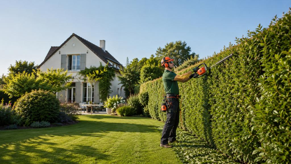 Taille de haie professionnelle dans un jardin ensoleillé