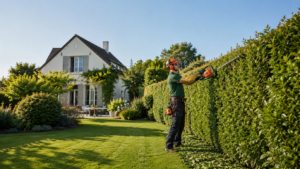 Taille de haie professionnelle dans un jardin ensoleillé